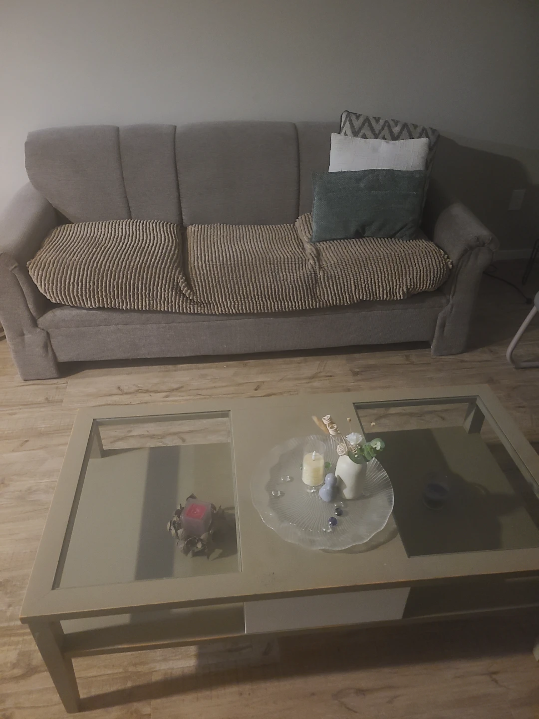 Modern Light Brown Coffee Table with taupe sofa