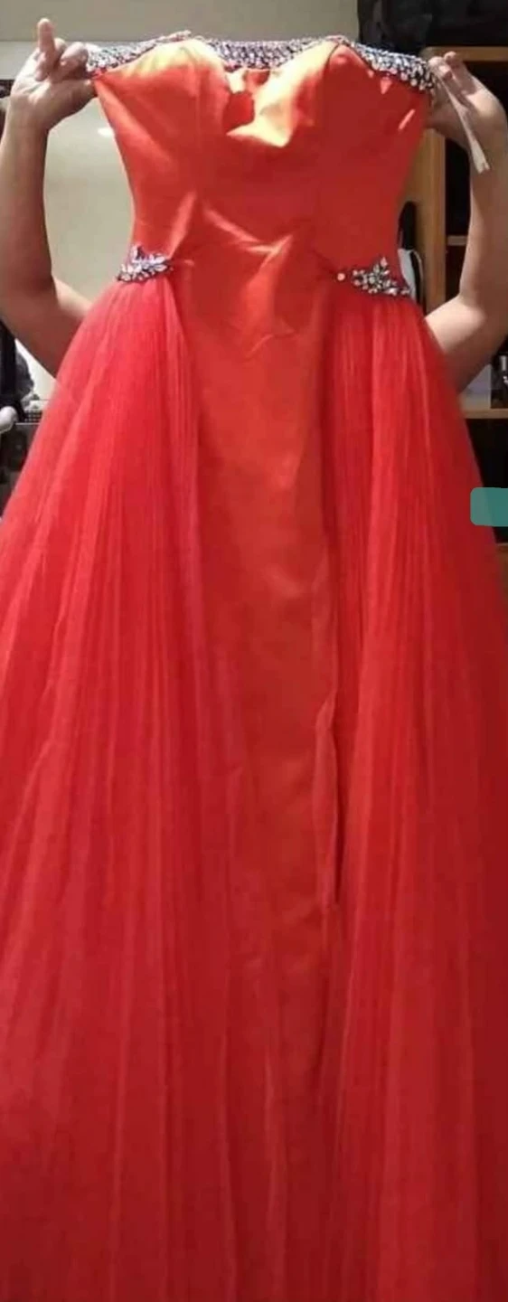 Red Strapless Evening Gown with Embellishments