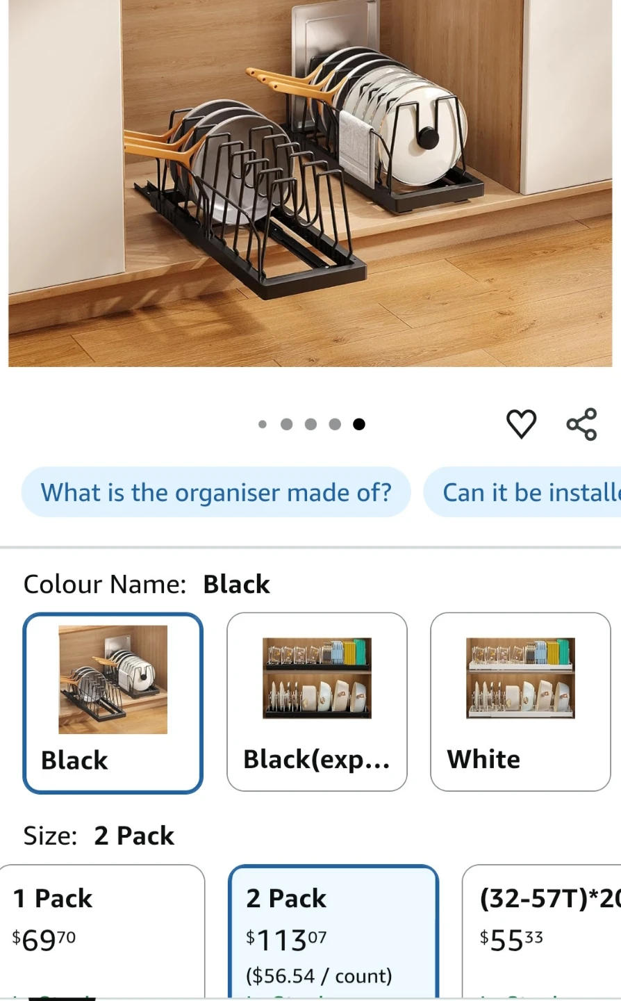 Pull-out kitchen cabinet organizer, 2 pack, black