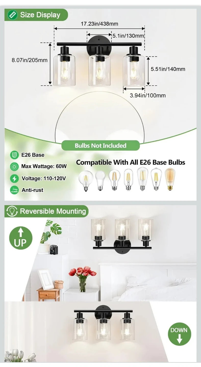 3-Light Matte Black Bathroom Vanity Wall Light - photo 4