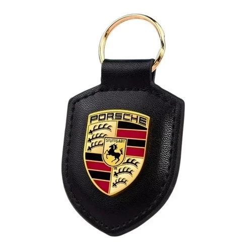 NEW PORSCHE LEATHER CREST KEY RING FOB KEY CHAIN BLACK