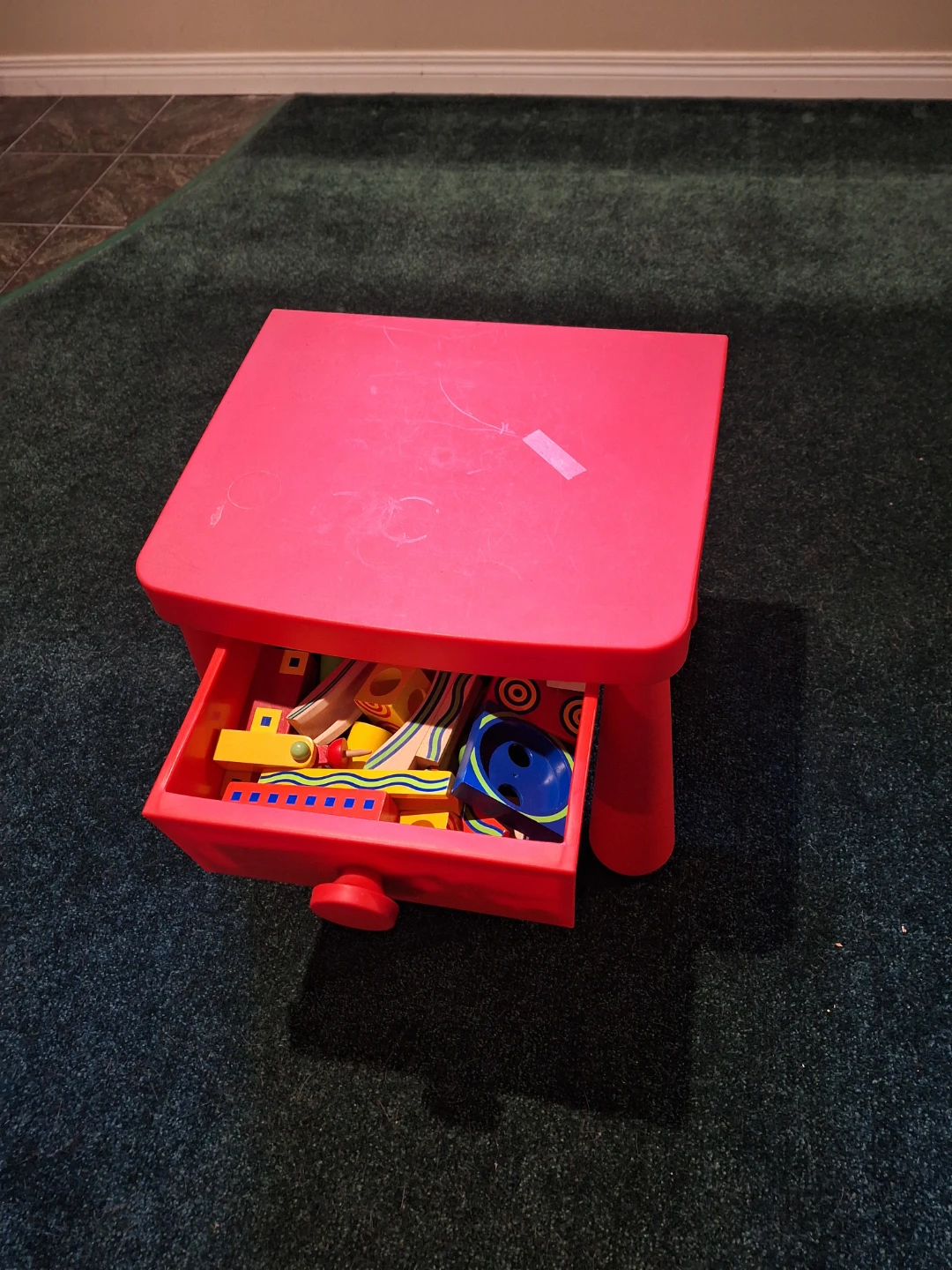 Red plastic kids table with storage drawer - photo 3