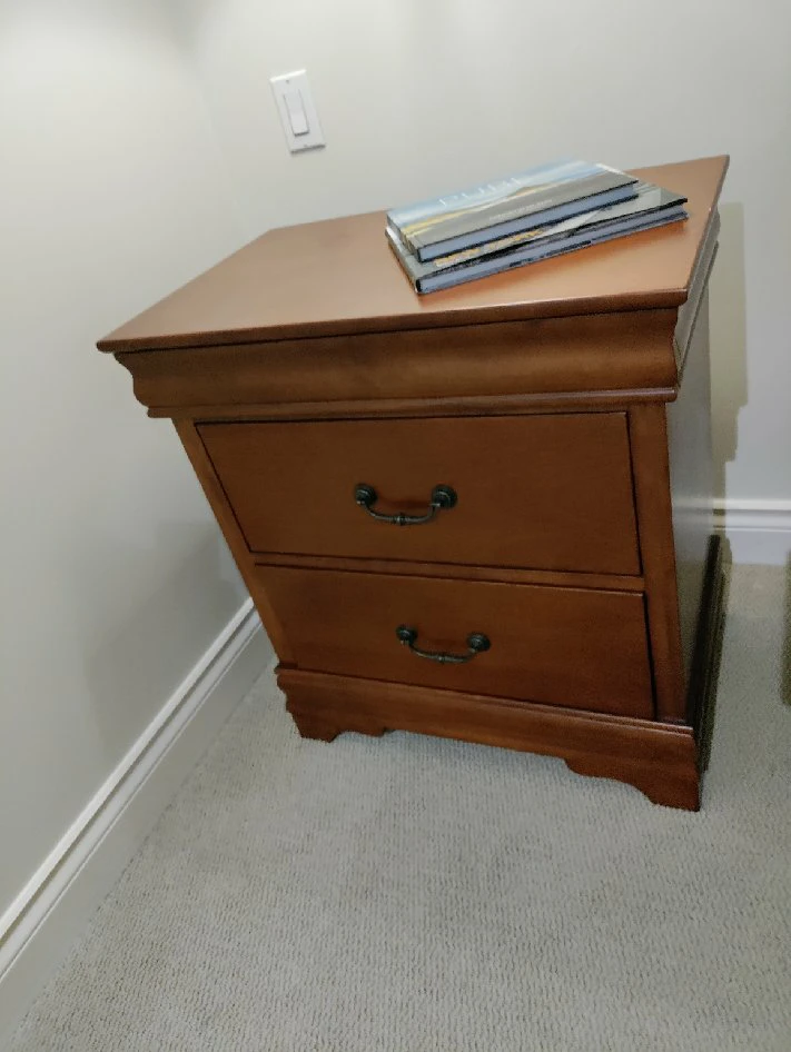 Solid wood sleigh bed frame and two matching nightstands. - photo 3