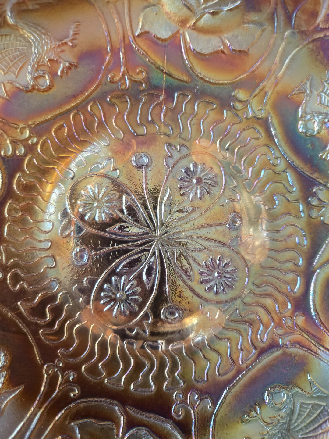 Antique Carnival Glass "Dragon & Lotus" 3-Footed Bowl - photo 5