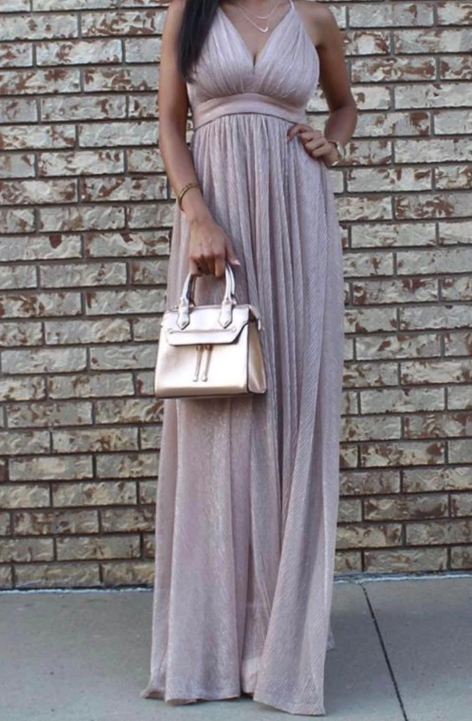 Metallic Rose Gold Pleated Maxi Dress