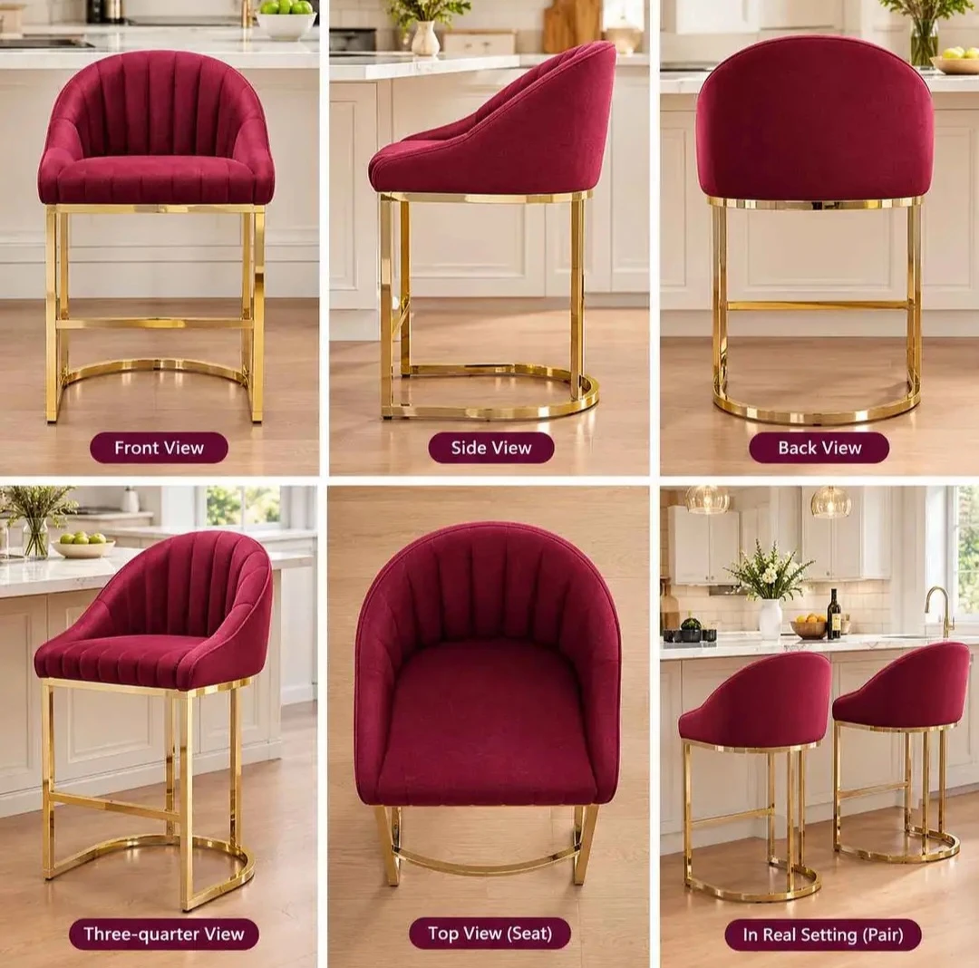 New<> Set of 2 Burgundy Velvet Bar Stools - photo 2