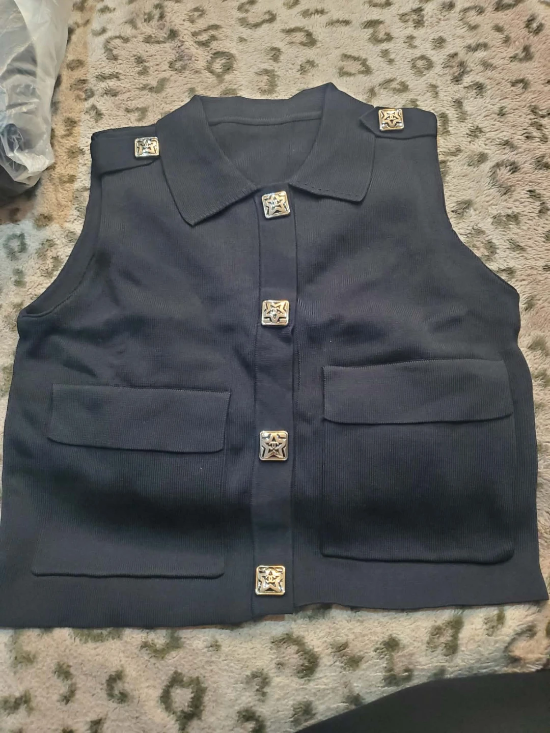 Black Knit Vest with Embellished Buttons