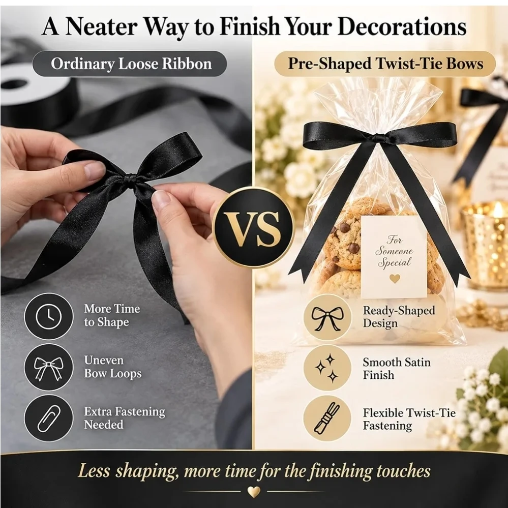 50 Pre-Shaped Satin Twist-Tie Bows - Black - photo 4