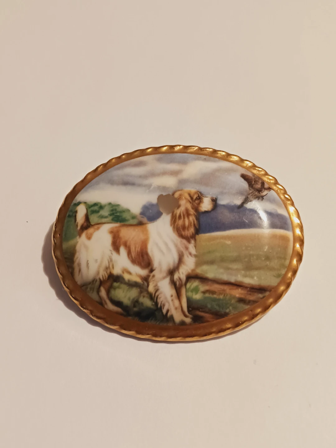 AYNSLEY FINE ENGLISH CERAMIC BROOCH Dog Scene Brooch - photo 3