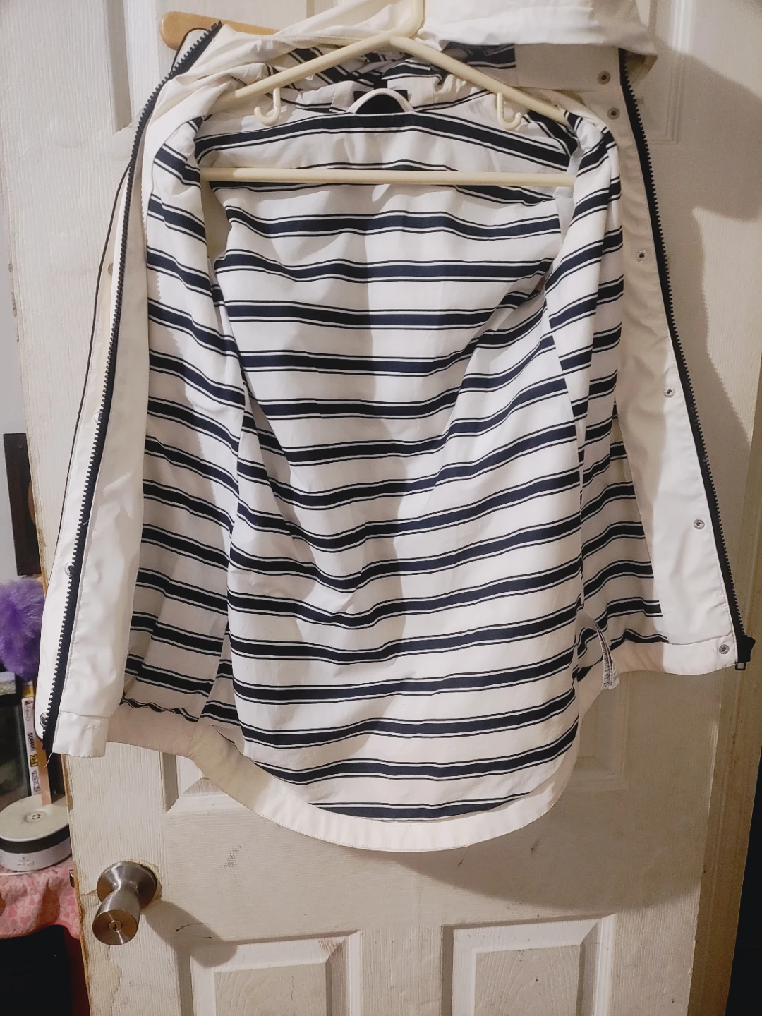 White Hooded Rain Jacket with Striped Lining - photo 4