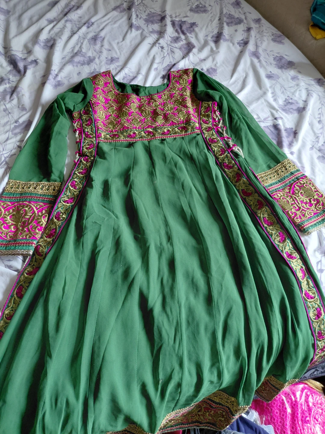 Green and Pink Embroidered Anarkali Dress - photo 4