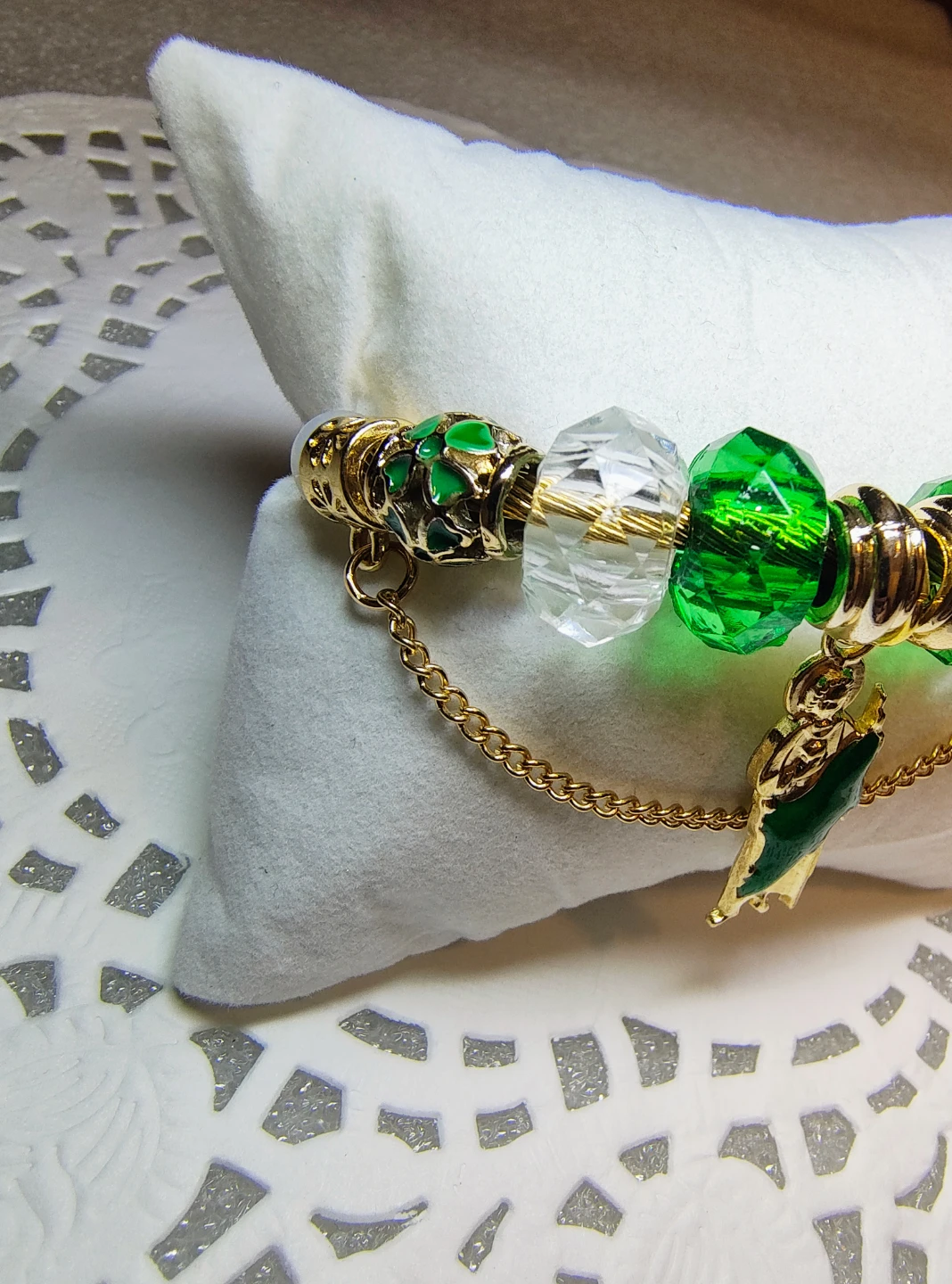 Gold plated 14k Religious Saint Charm Bracelet with Green Beads - photo 5
