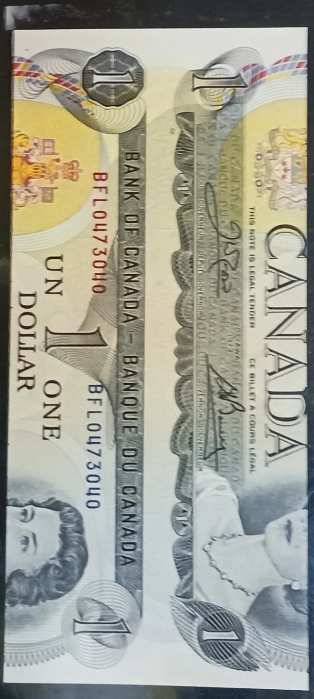 1973 Canada 1$ Error Note out of register 50% 2 notes) - photo 4