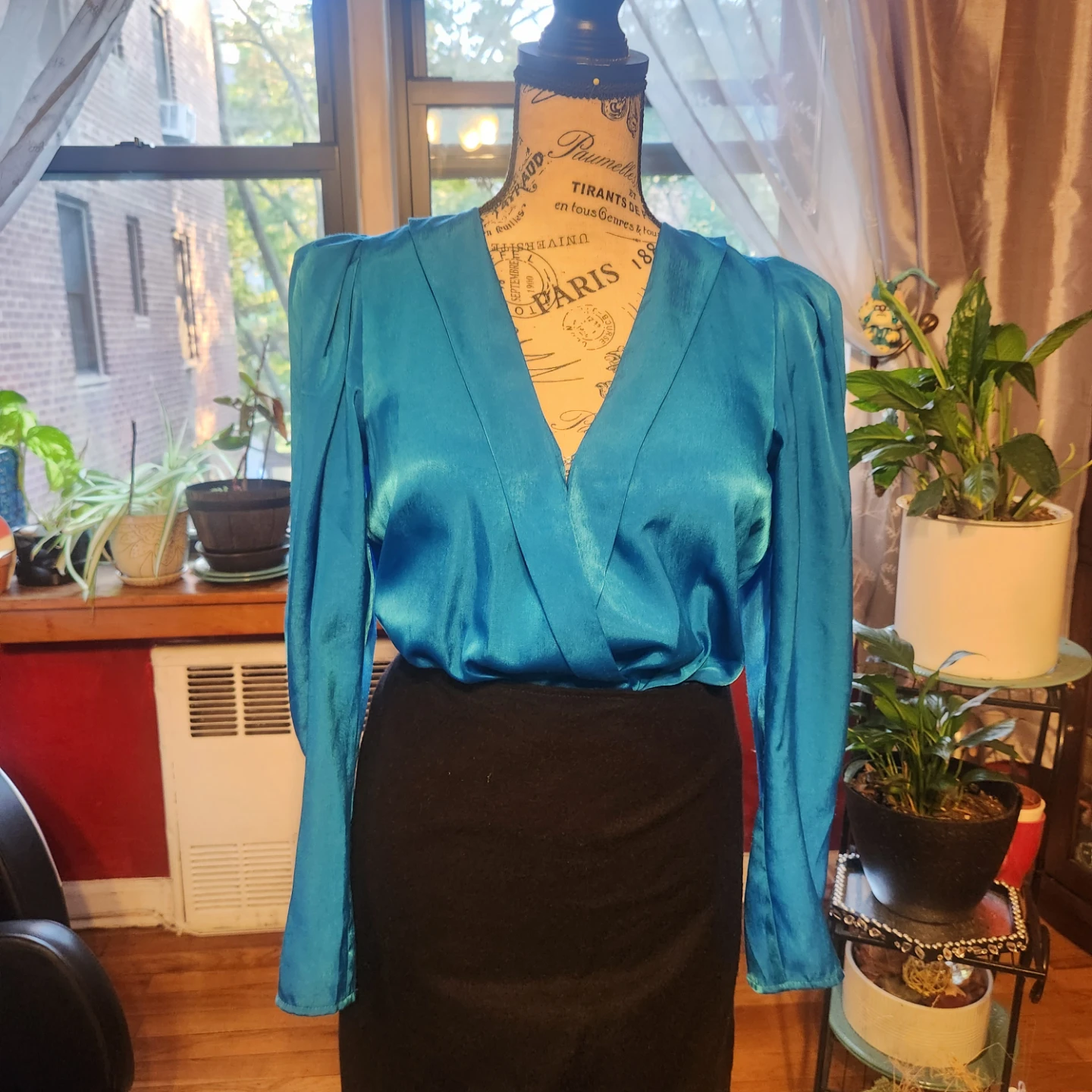 DKNY Vibrant Blue Satin Faux Wrap Blouse with Puff Sleeves - photo 2