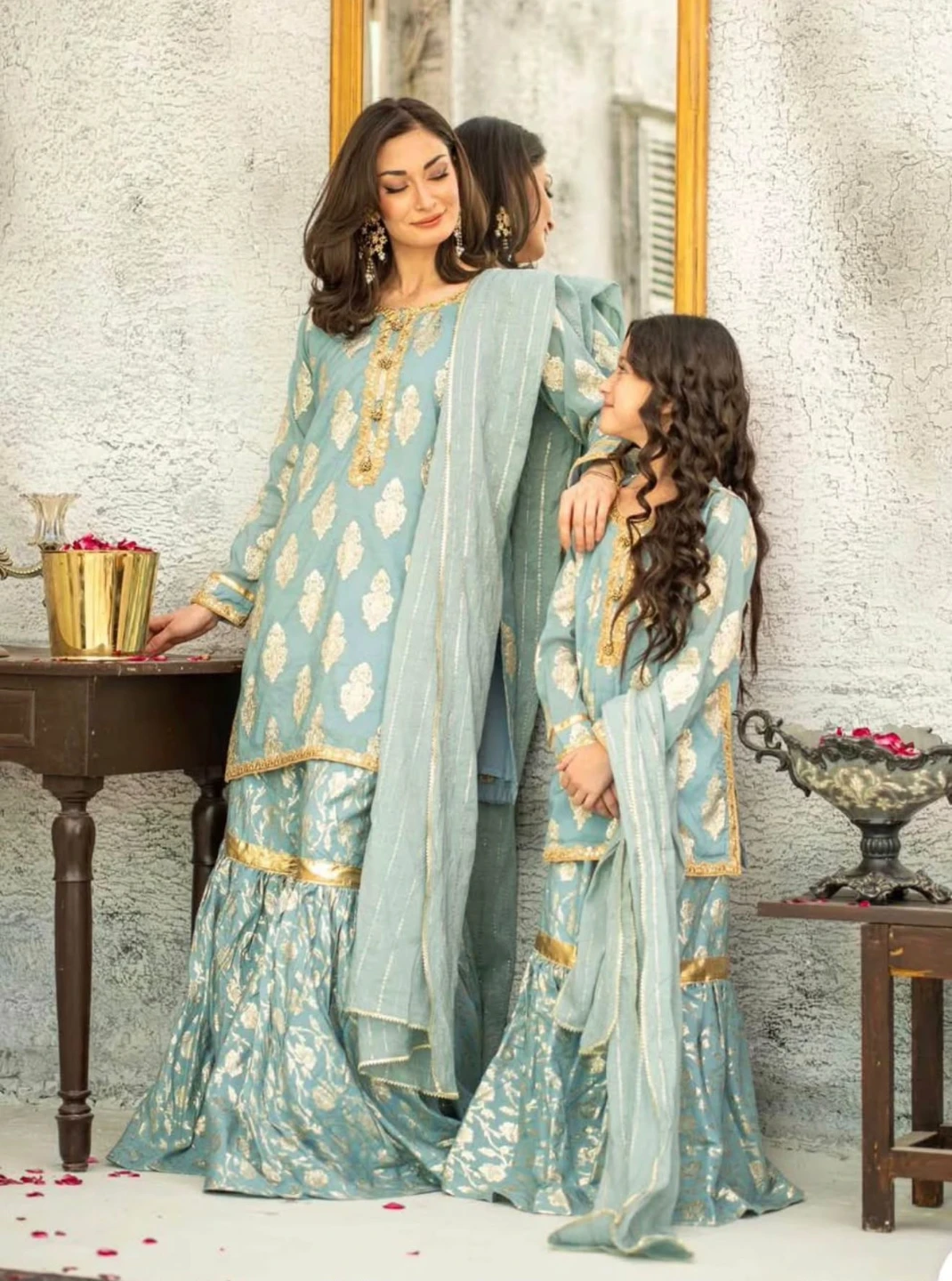 Matching Mother and Daughter Teal Ethnic Outfit