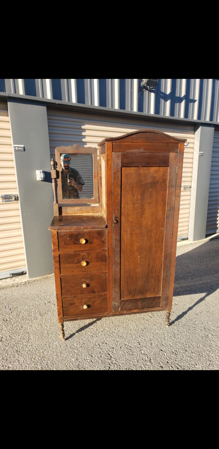Vintage Wooden Wardrobe with Mirror and Drawers