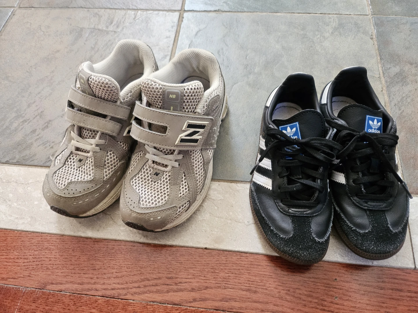 Two Pairs of Kids Sneakers: New Balance and Adidas