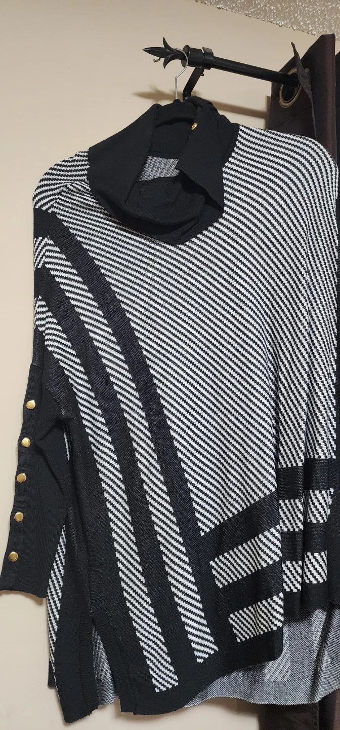 Black and White Geometric Cowl Neck Sweater