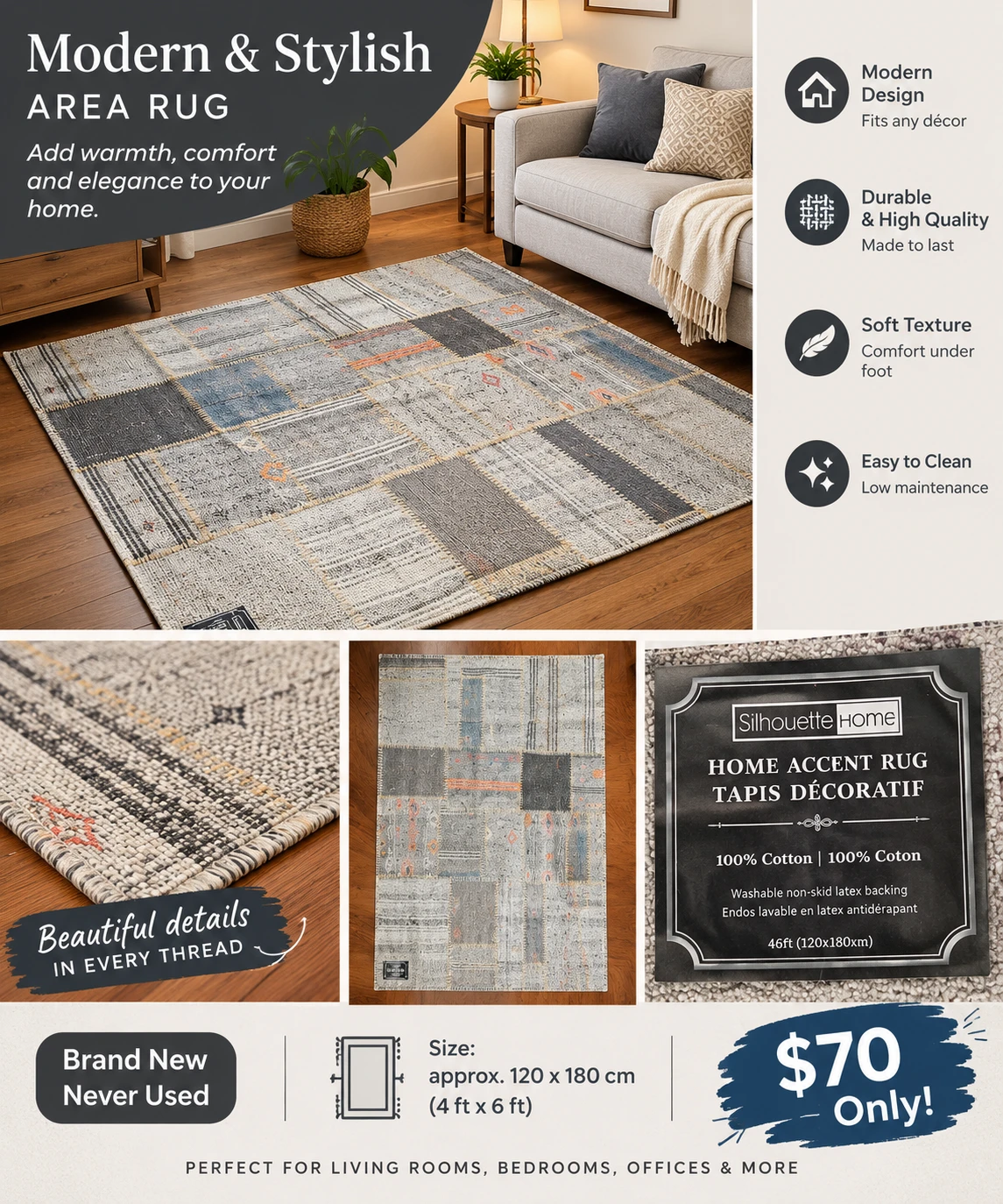 Brand New Area Rug  5ft x 7.5ft / 150 Cm x 225Cm