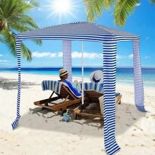 Blue and White Striped Portable Beach Canopy