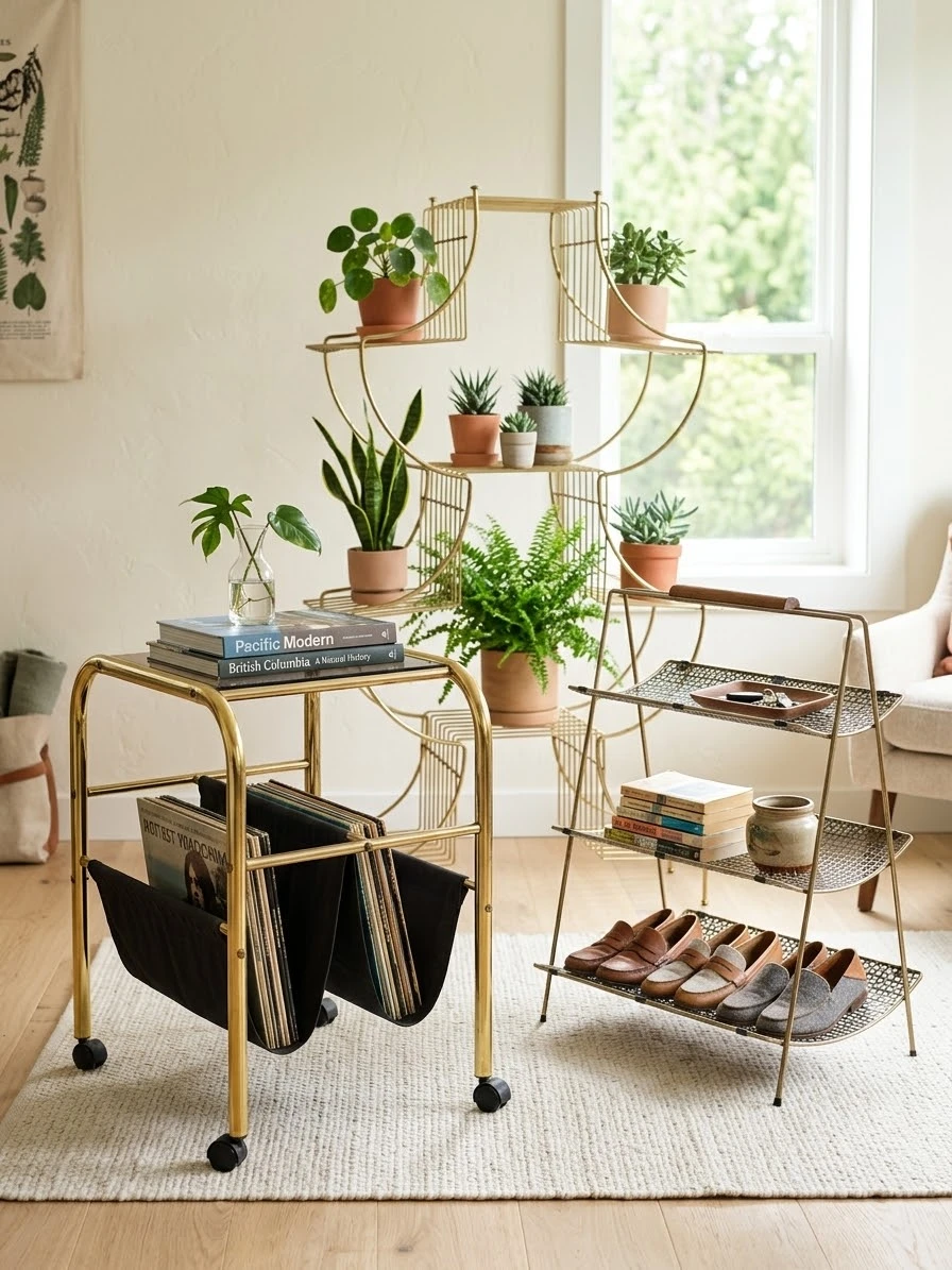 Vintage Mid-Century Brass Set/Plant Stand/Caddy/Magazine Table