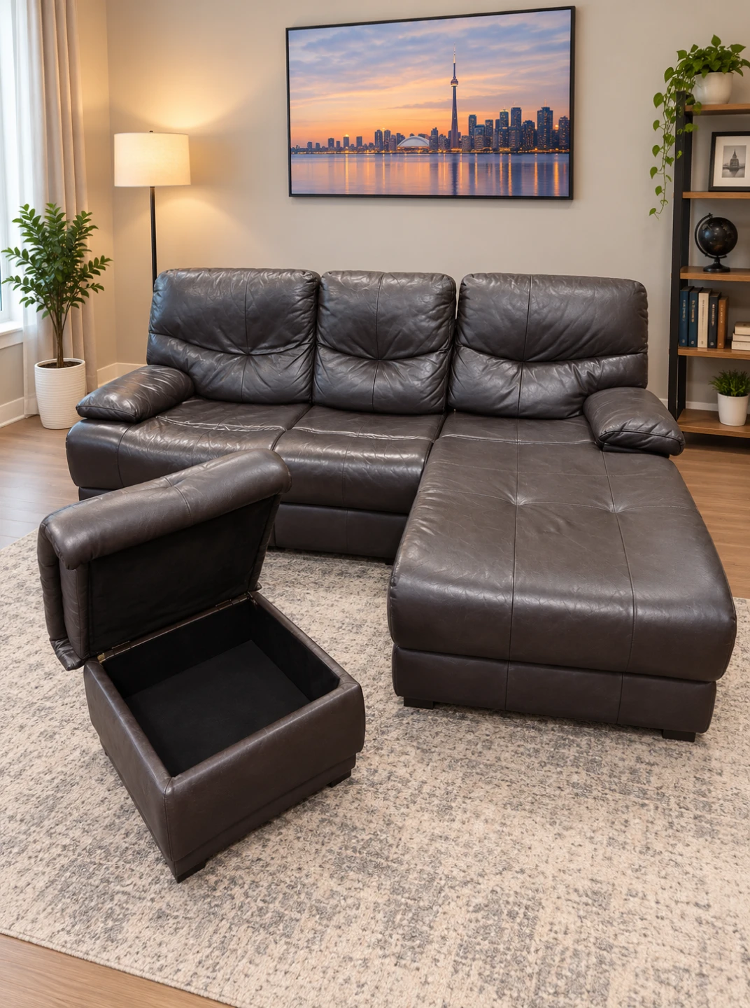 Dark Brown Leather Sectional Sofa with Storage Ottoman - photo 2