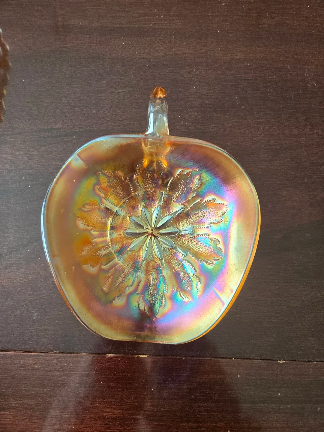 Vintage Carnival Glass Leaf Rays Handled Nappy Candy Dish