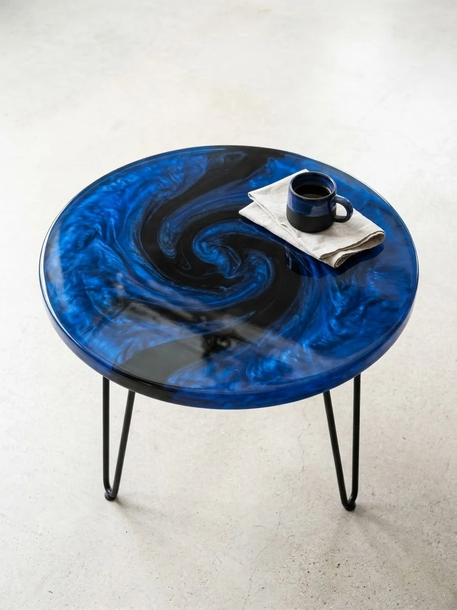 Blue and Black Swirl Resin Side Table