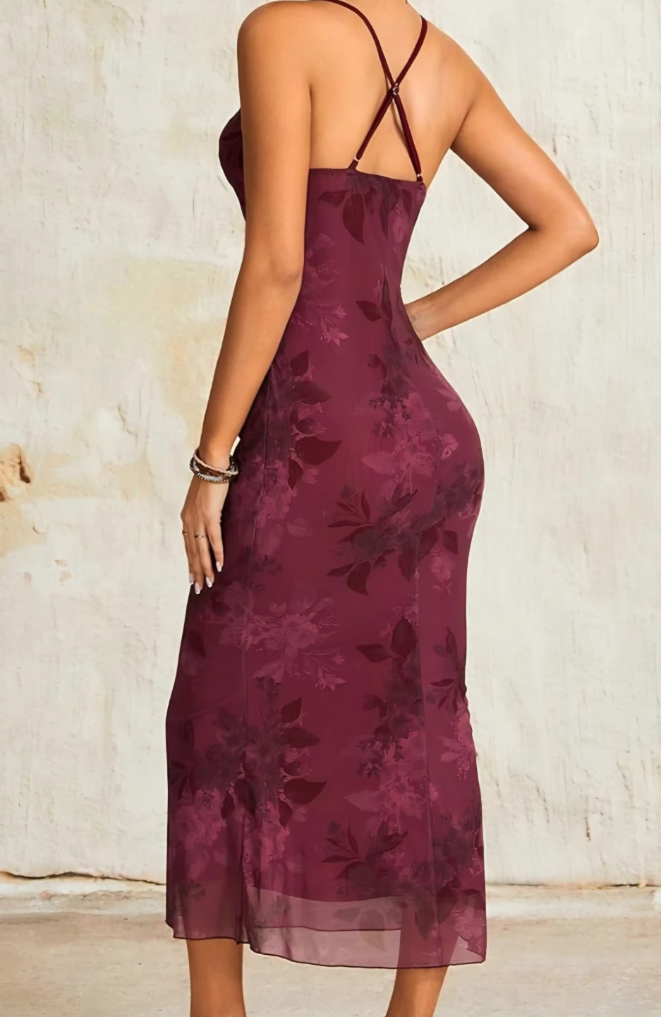 New Burgundy Floral Mesh Midi Dress - photo 2