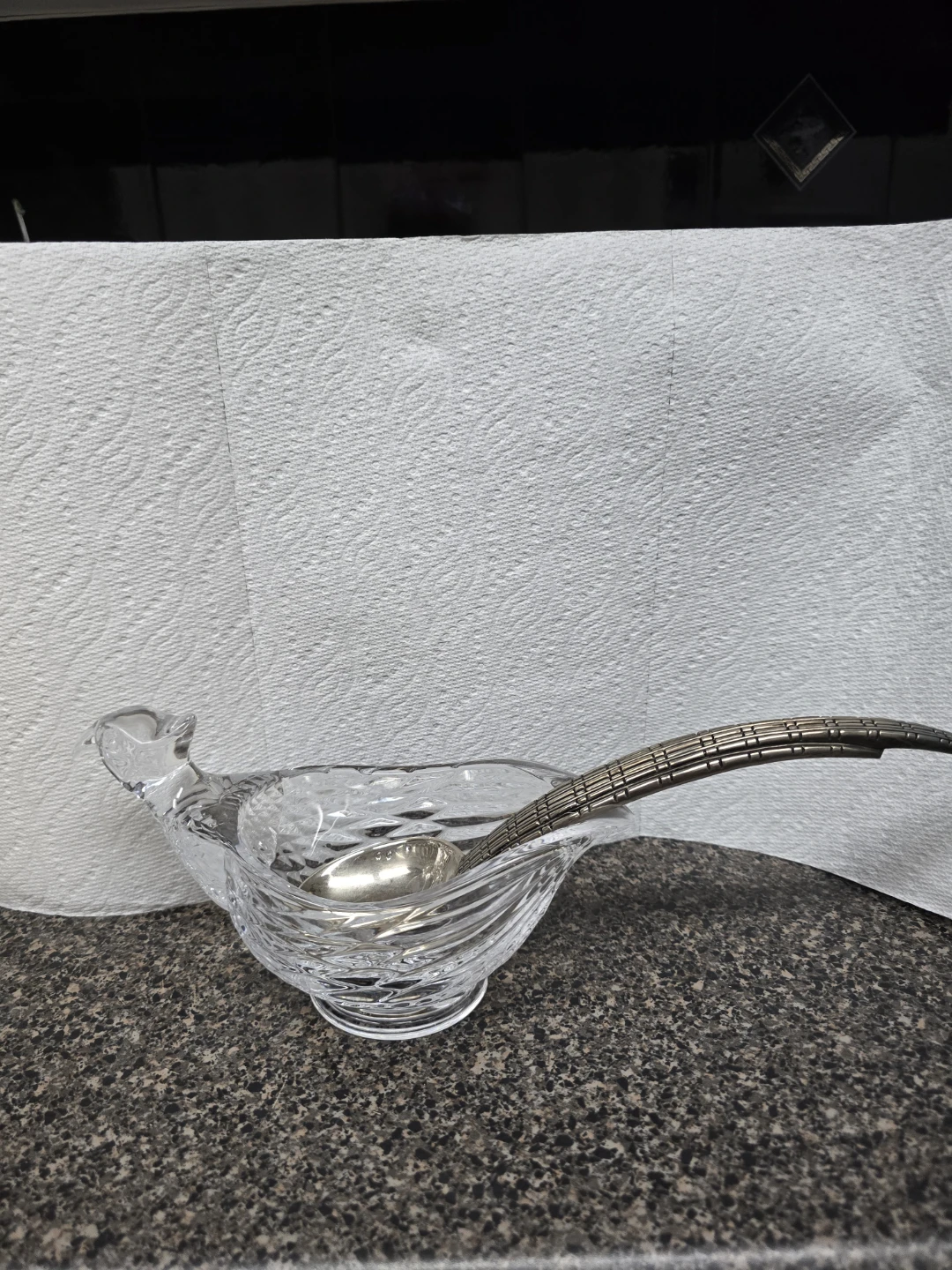 Vintage Crystal Bird Serving Dish with Metal Ladle