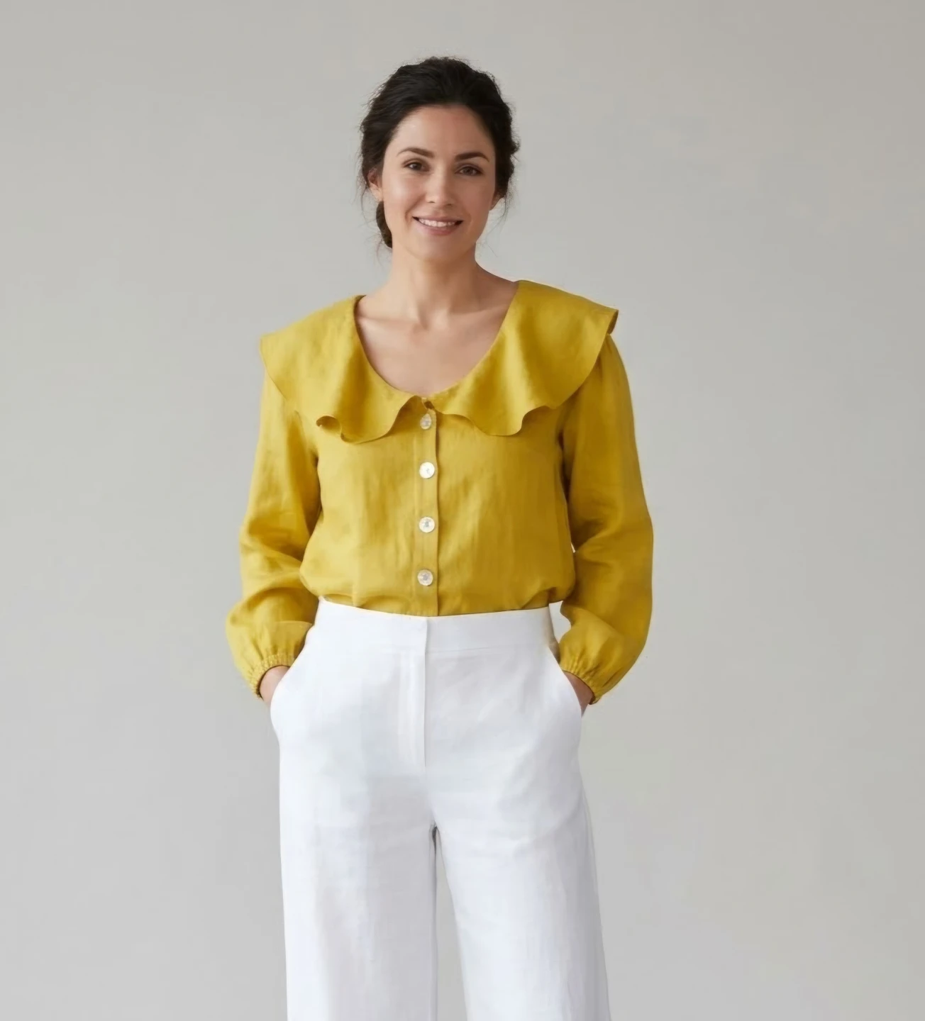 Yellow 100% Linen Ruffle Collar Blouse Bellambra Oversized 2X
