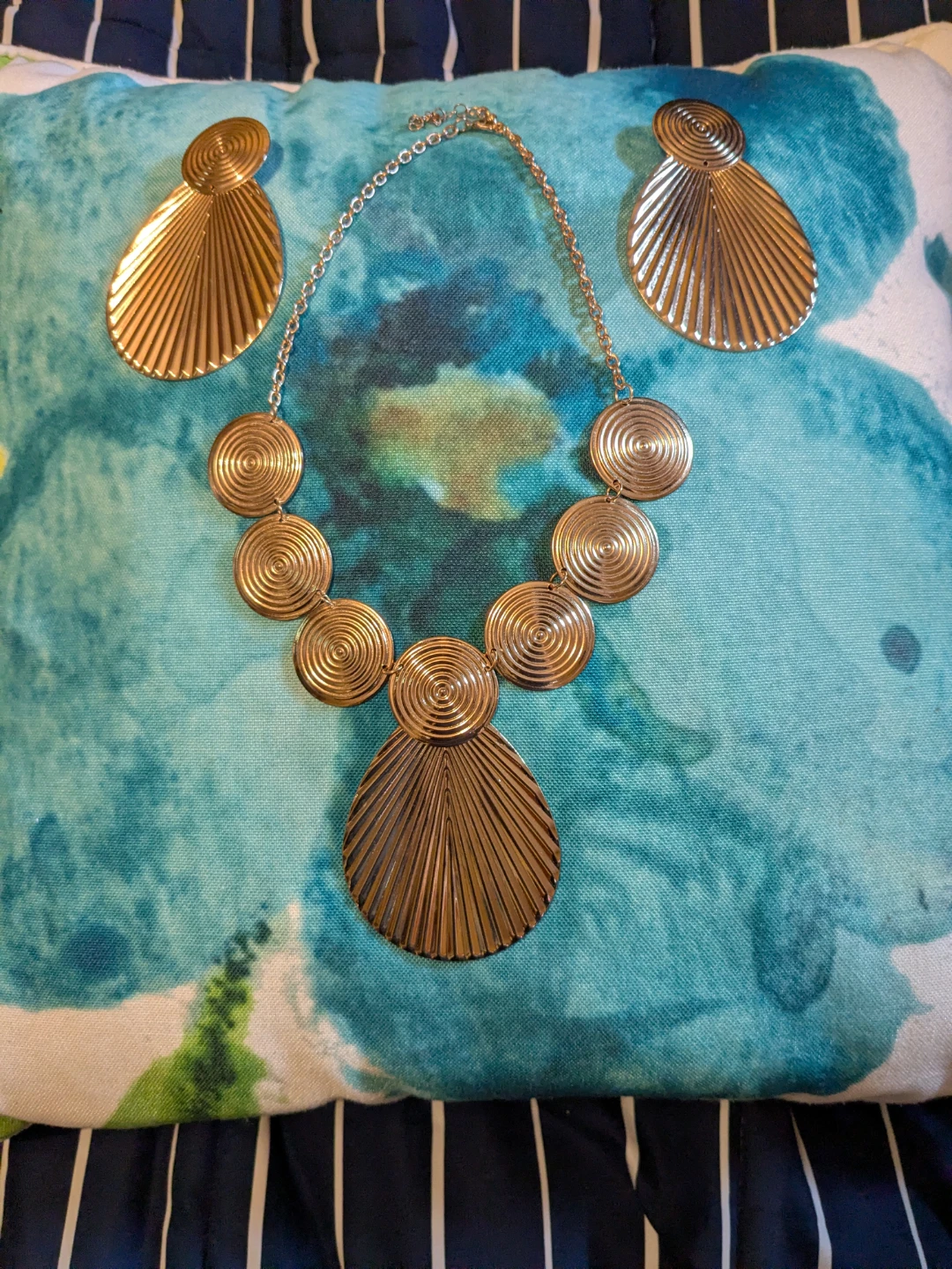 Gold Tone Spiral Disc Statement Bib Necklace & Earring Set