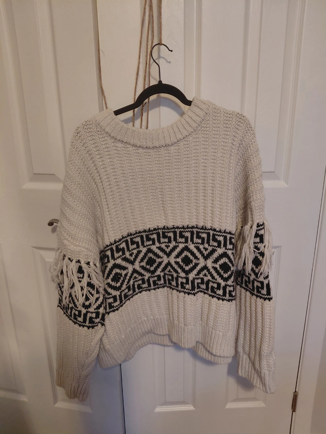 Cream and Black Patterned Knit Sweater with Fringe