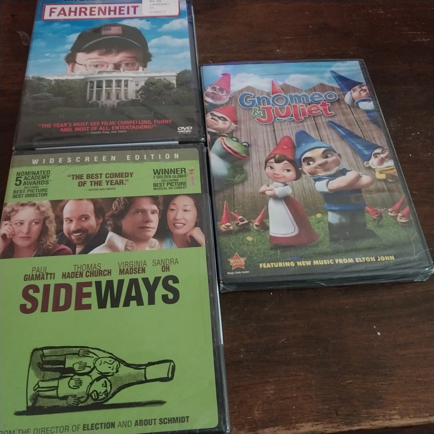 New unopwned  3 DVDs: Fahrenheit 9/11, Gnomeo & Juliet, Sideways
