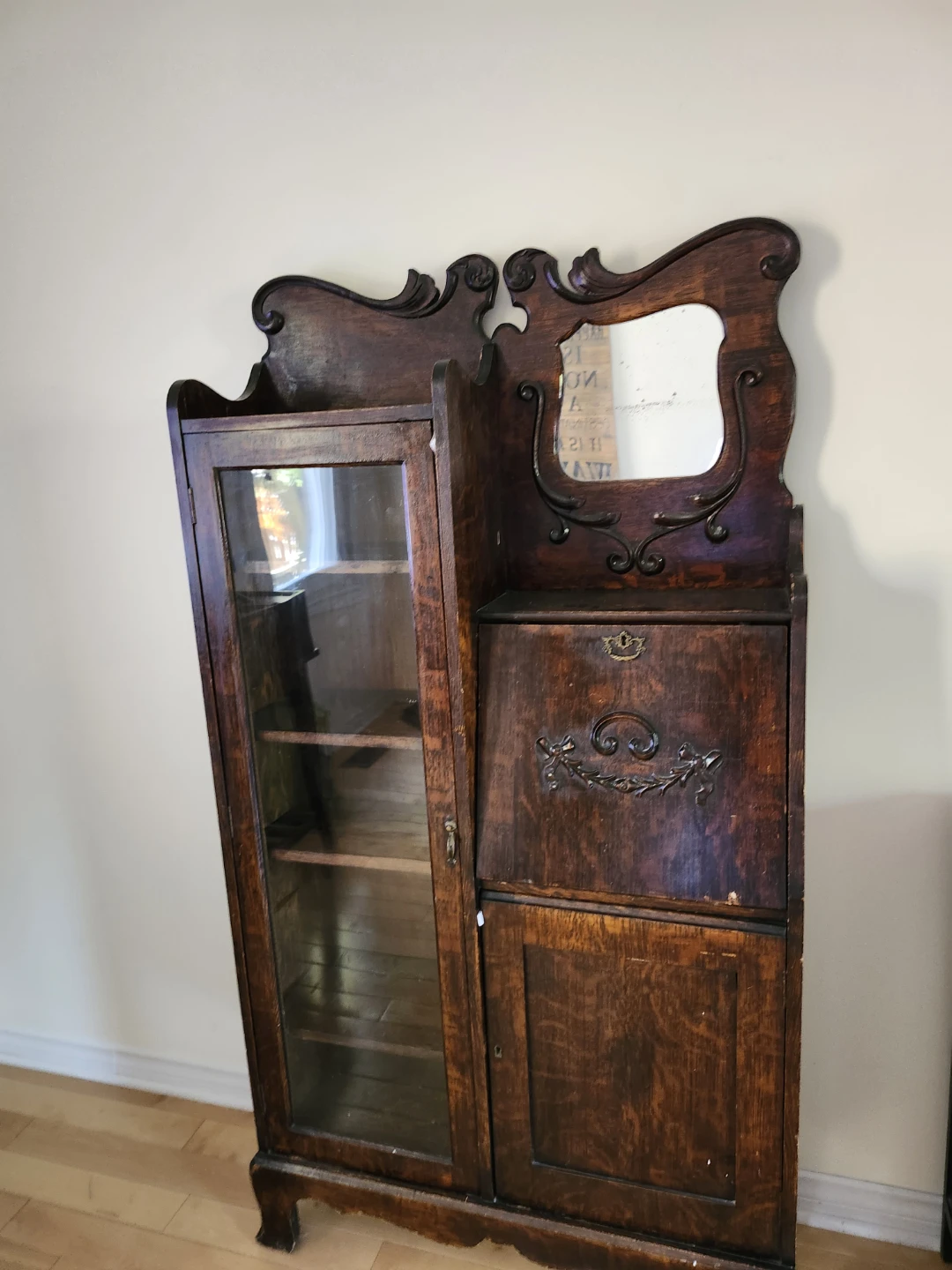 Antique Oak Display Cabinet with Secretary Desk