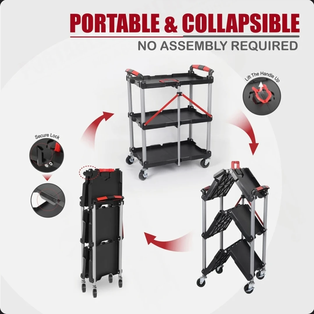 GARVEE 3-Tier Collapsible Rolling Service Cart - photo 2