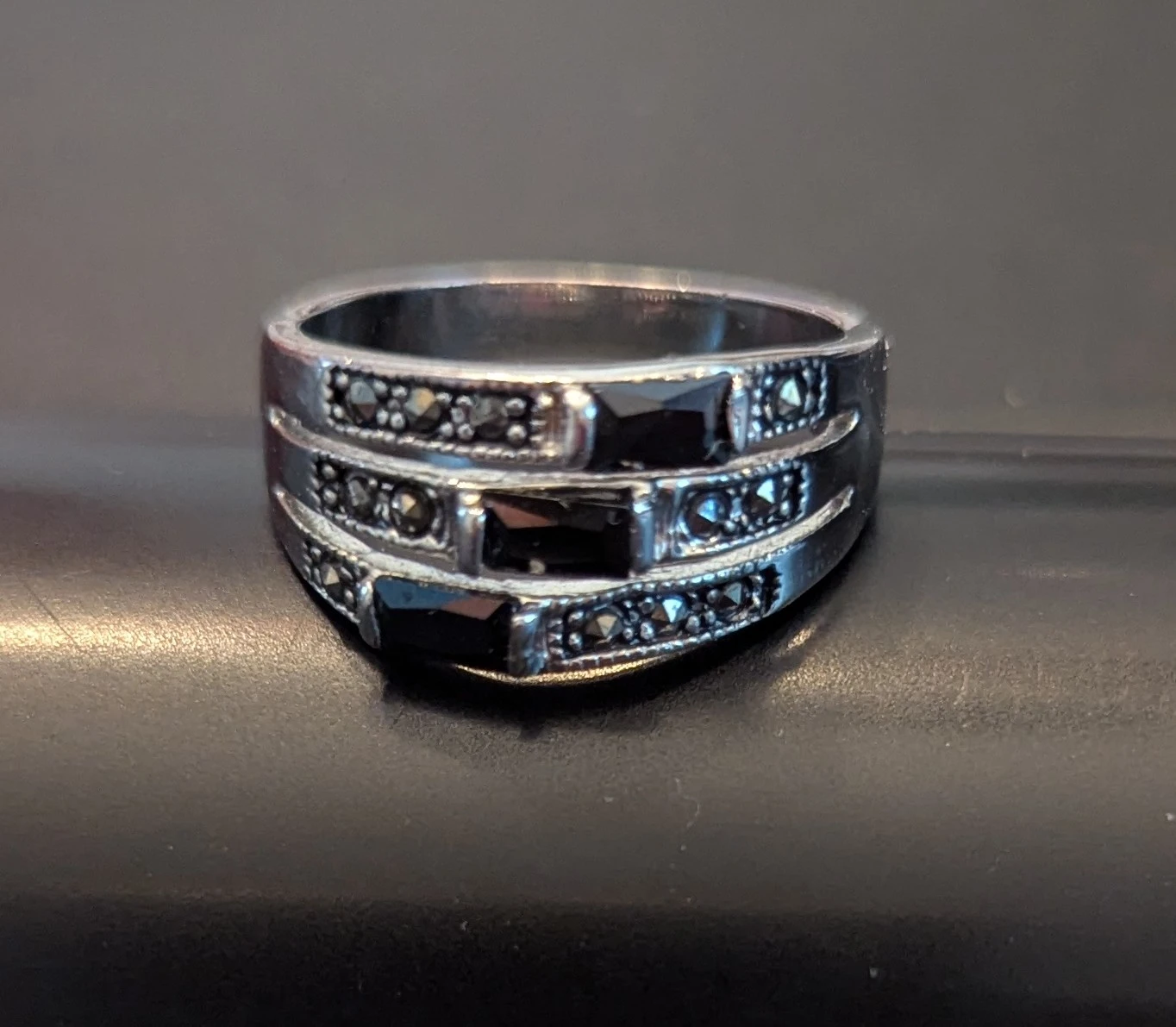 Black Stone and Marcasite Ring