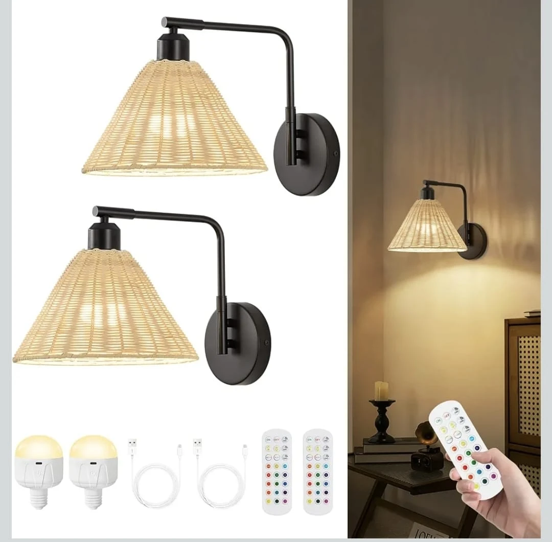 Set of 2 Rattan Wall Sconces with Remote