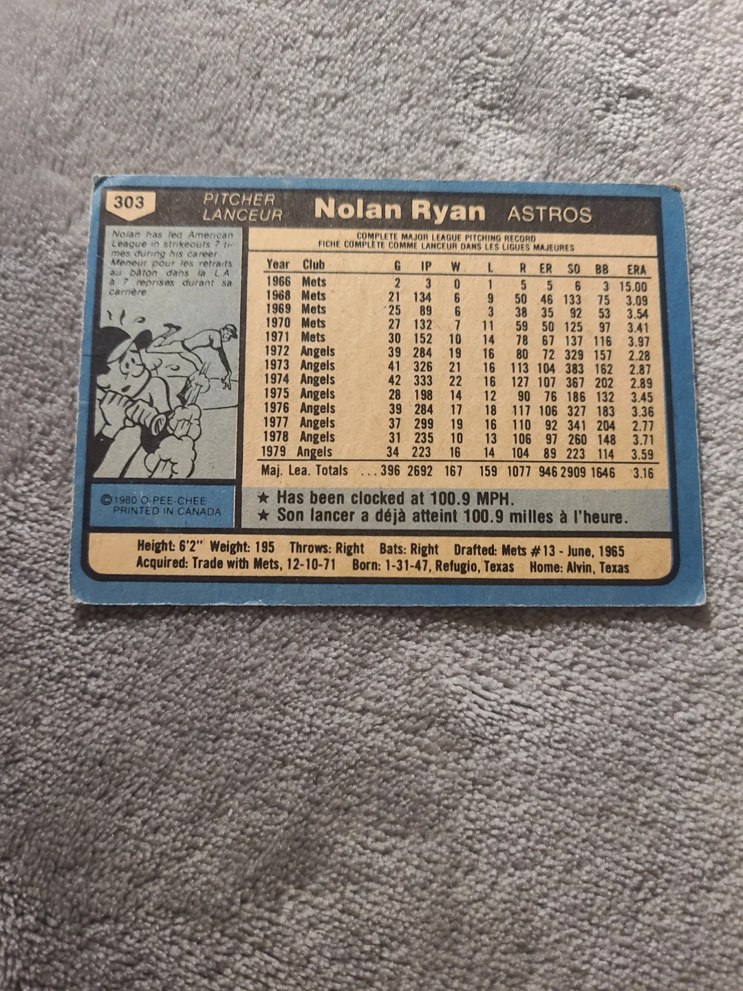 1980 O-Pee-Chee Nolan Ryan Baseball Card #303 - photo 2