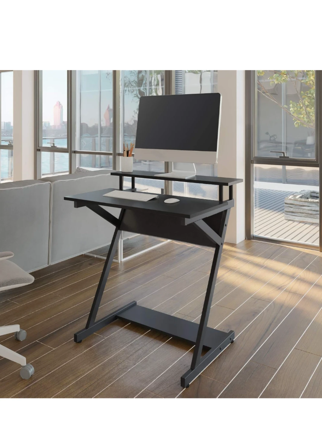 Black Z-Shaped Computer Workstation with Monitor Shelf