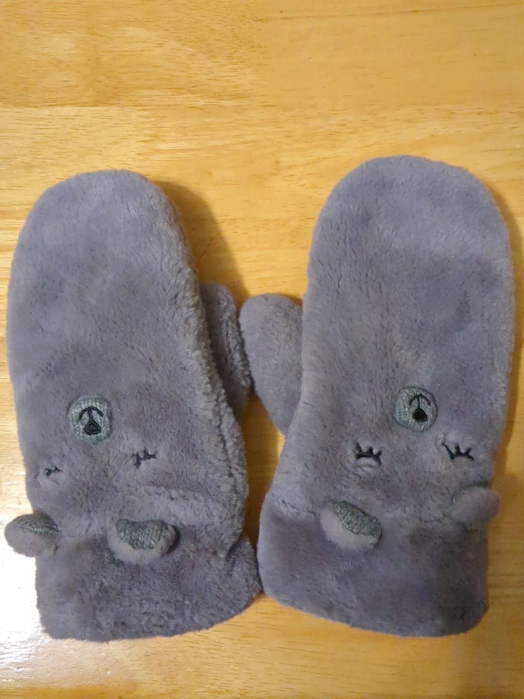 Grey plush animal character mittens