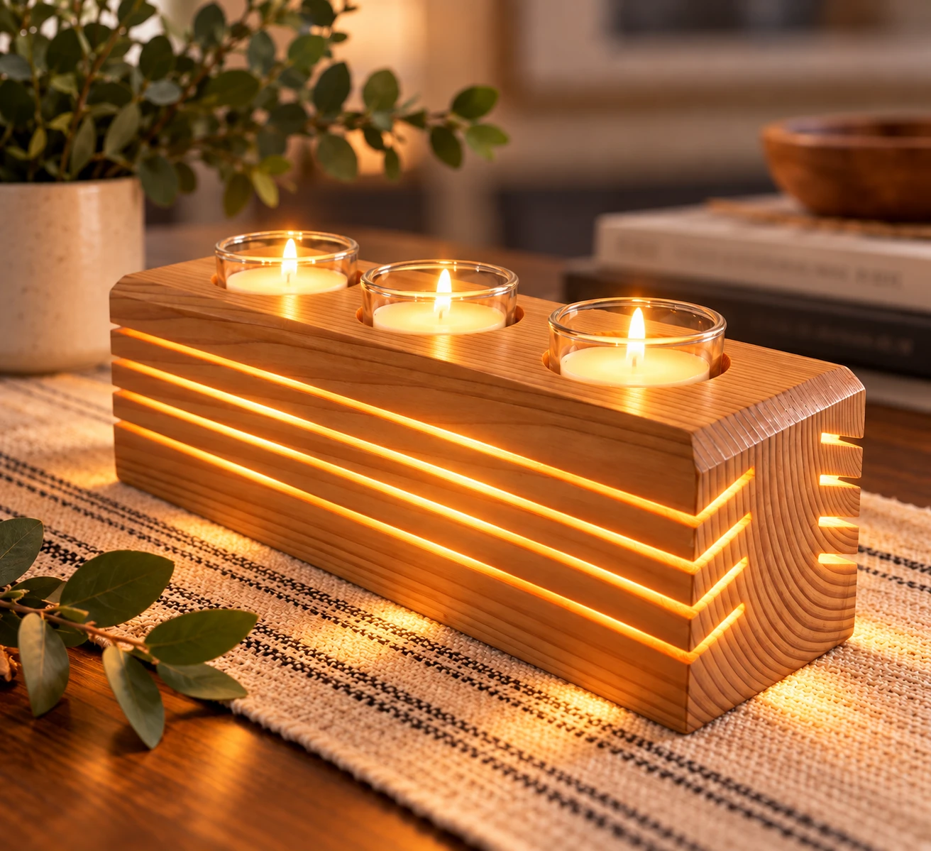 Solid Wood Candle Holder with 3 Candles