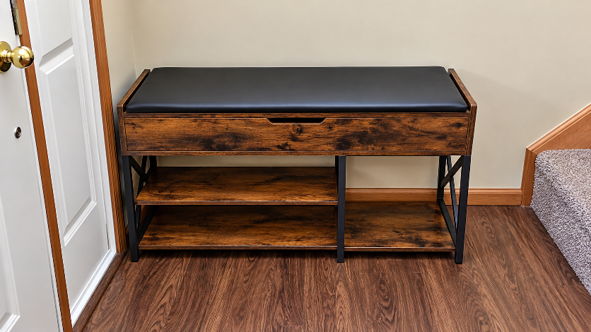 Rustic Industrial Entryway Shoe Bench with Storage