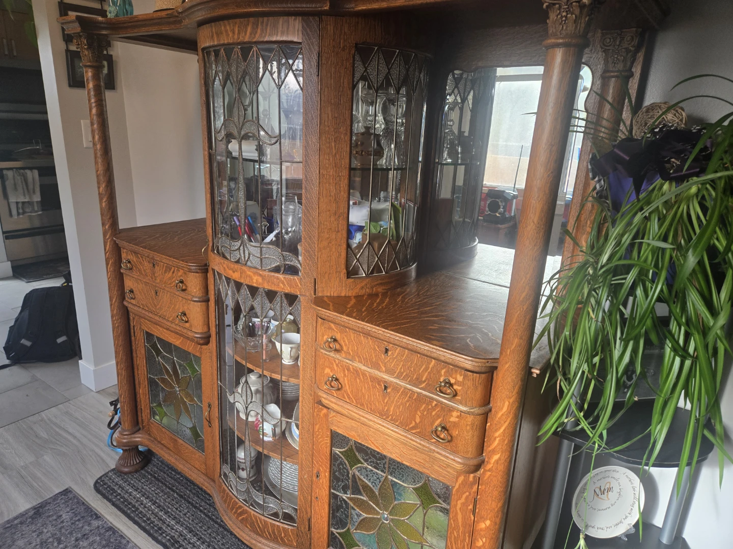 Antique Oak Cabinet with Stained Glass from late 1800s