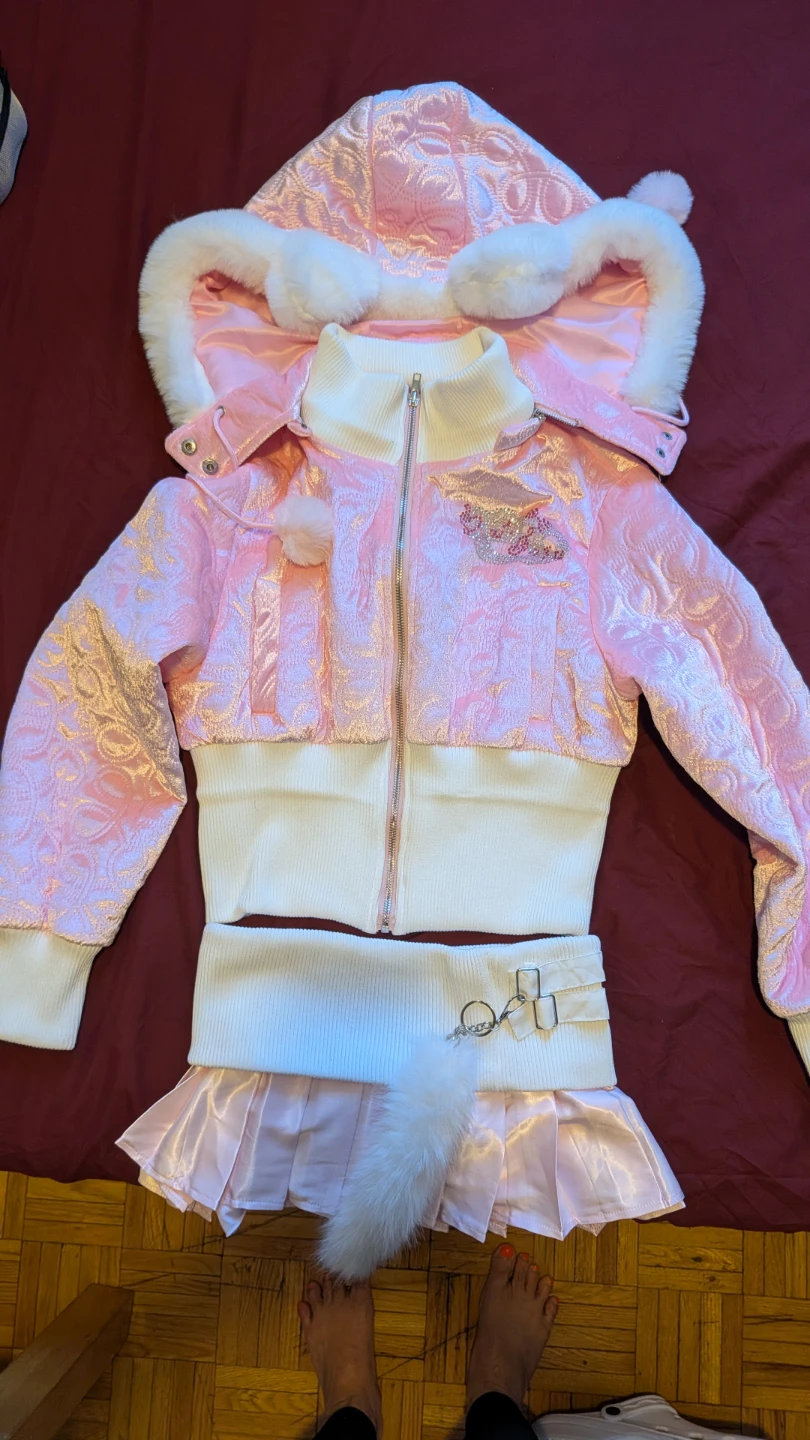 Pink hooded jacket and pleated skirt set
