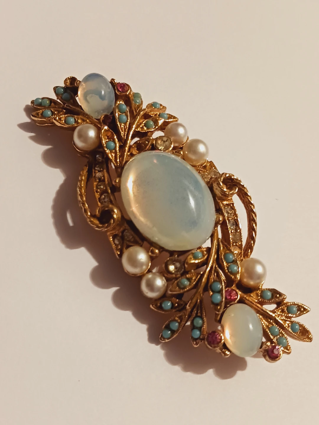 Elegant Vintage Rainbow Moonstone & Pearls Brooch - photo 2