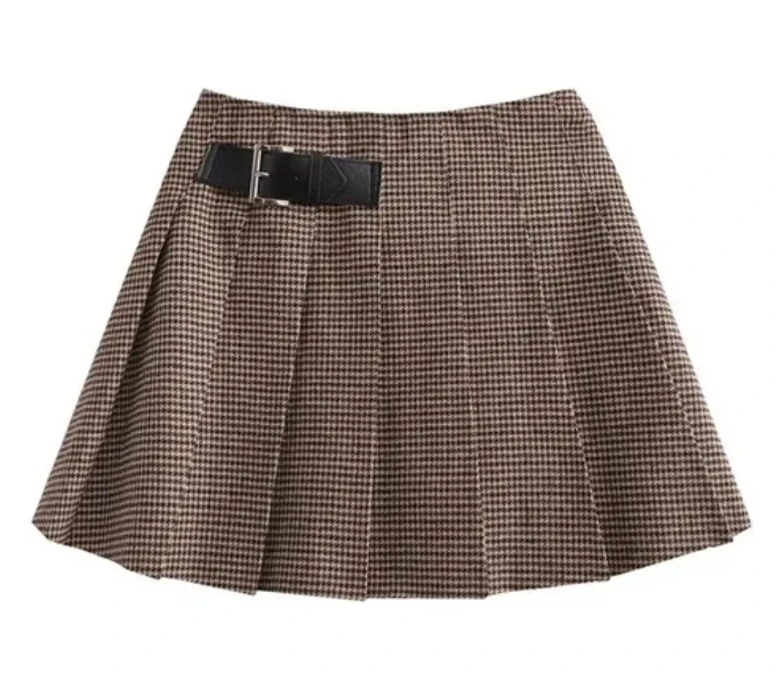 Brown Houndstooth Pleated Skirt