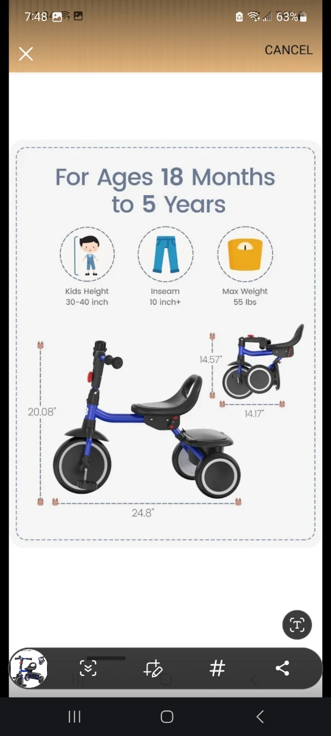 Besrey Foldable Toddler Tricycle - Blue - photo 2