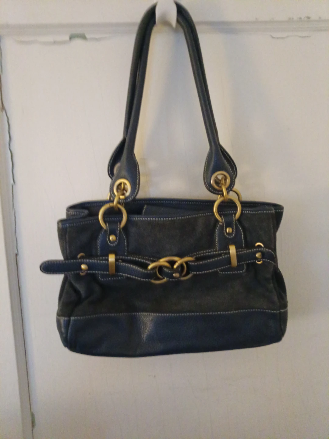 Dark Navy Suede and Leather Shoulder Bag