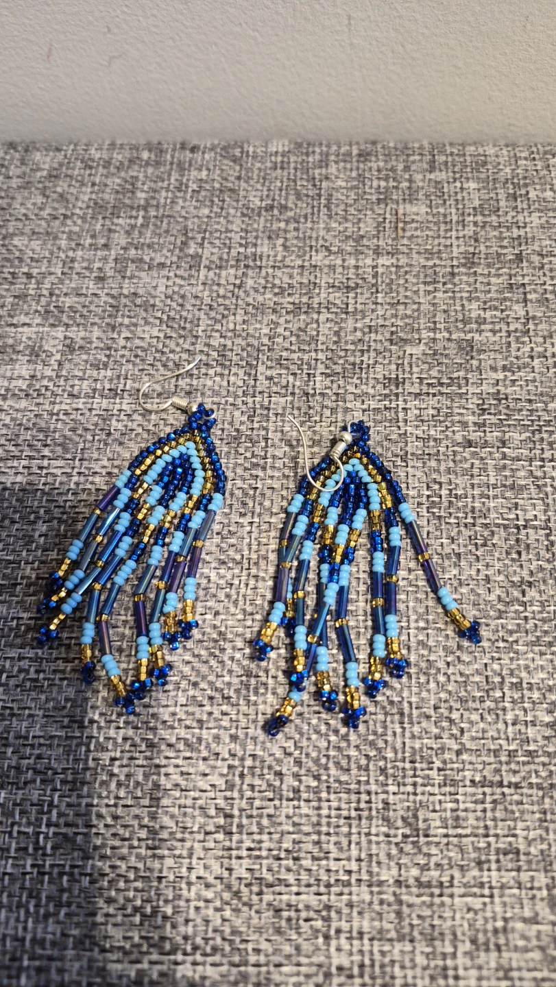 Blue and Gold Seed Bead Fringe Earrings - photo 2
